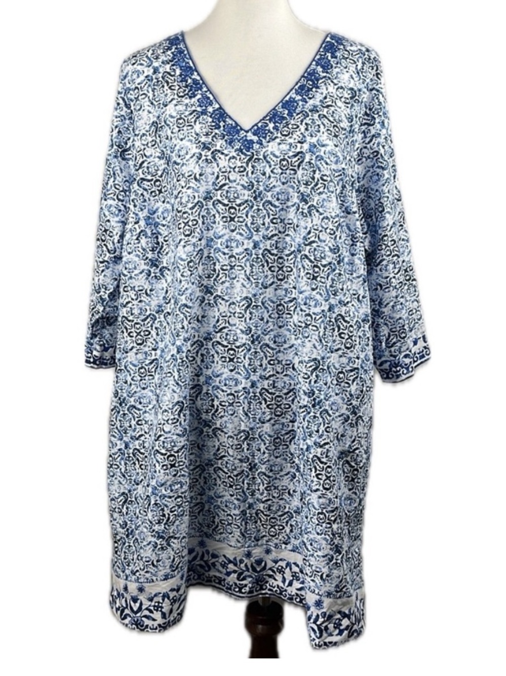 Lands End Embroidered V-neck Blue Print Tunic Coverup Dress 1X Coastal Vacation
